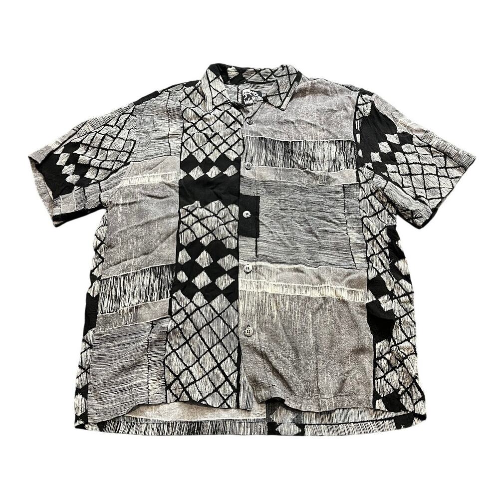 Vintage Jams World Rayon Shirt Geometric Black White Retro‎ Surf Mens Size Med
